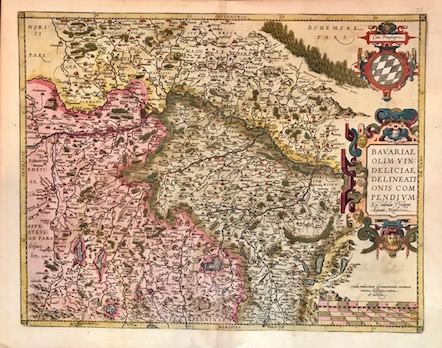 Ortelius Abraham (1528-1598) Bavariae, olim Vindeliciae, delineationis compendium ex tabula Philippi Apiani math. 1603 Anversa, Jean Baptiste Vrients